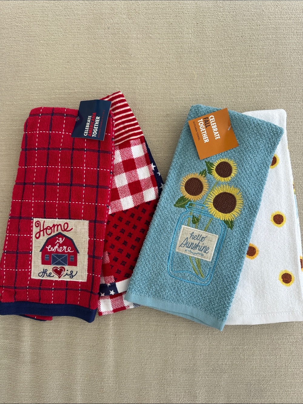 Red Plaid & Blue Sunflower Kitchen Towels Set